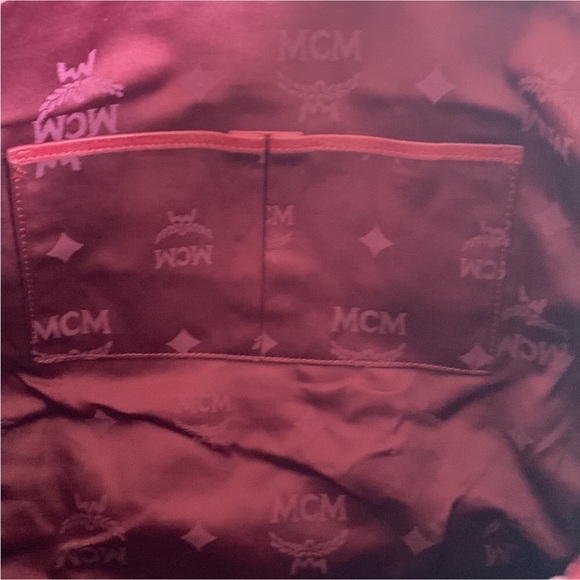 MCM Signature Gold Emblem Studded Burgundy Pebble Leather Tote Bag - Picture 7 of 11